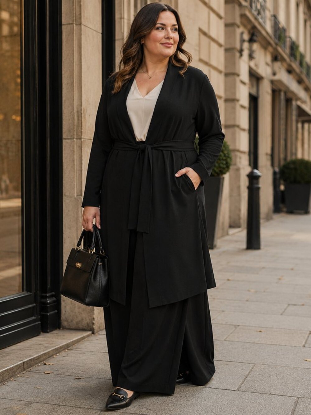 Dennis Basso Black Soft Wash Woven Topper — Quiet Luxury Minimalist Duster